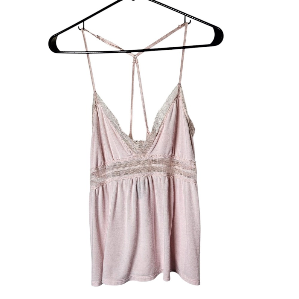 Victorias Secret Babydoll Cami Top Lace Trim Sheer Fairy Coquette Pink L 90s Y2K